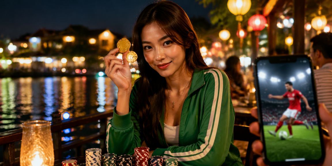 Người dùng Hội An theo dõi cá cược thể thao qua điện thoại bên ly cà phê