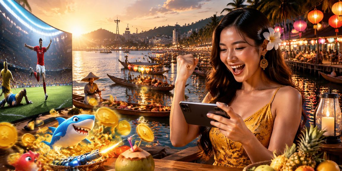 Người dùng tại Phú Quốc chơi casino trên điện thoại di động cạnh bãi biển nhiều nắng